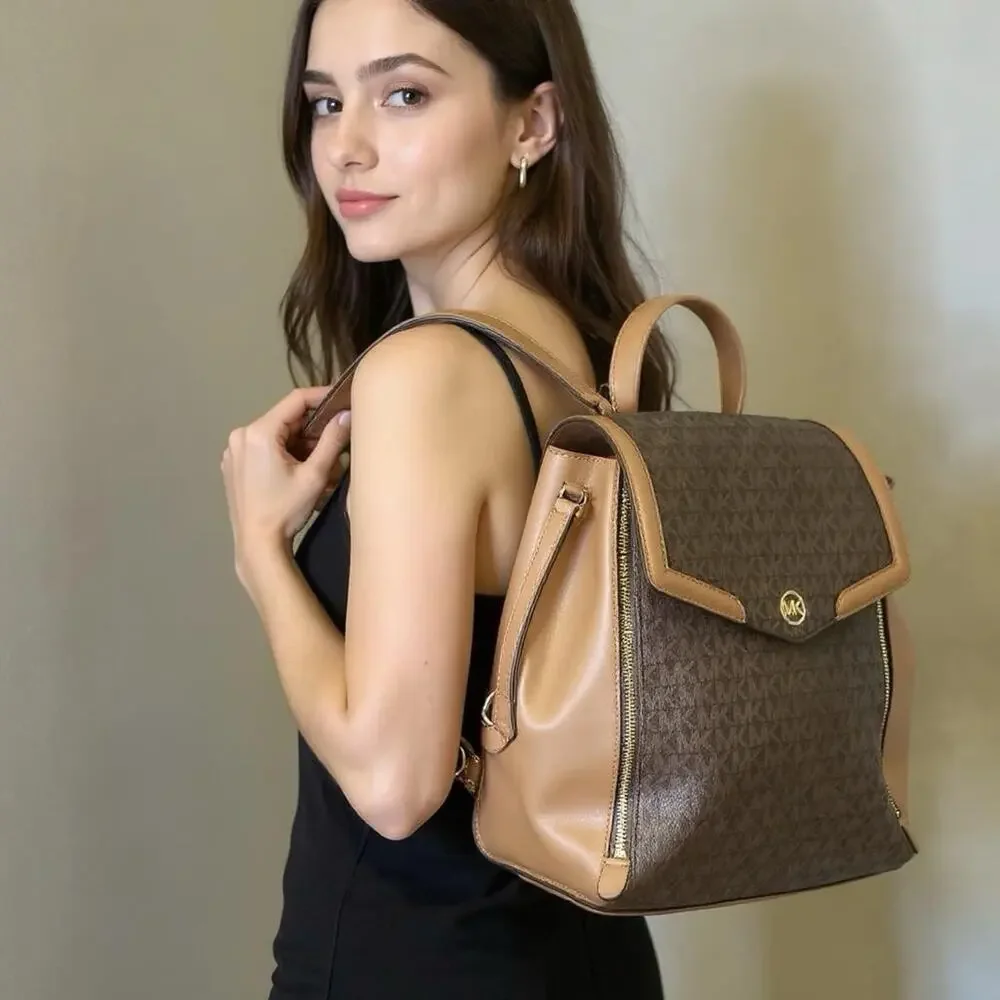Michael Kors Signature Logo Brown Backpack Acorn Leather Trim Zip Pockets